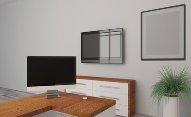Front view of an office interior with a row of dark wood tables. 3D rendering.. Empty paintings