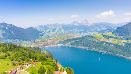 Panoramic aerial view of the canton  Schwyz in central Switzerland.  Mountain peaks Great Mythen...