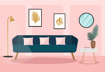 Velvet sofa in the living room. Modern trendy interior design. Plant in the room, retro furniture. Vector illustration