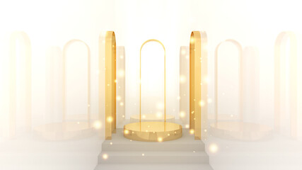 3D rendering. Mockup, podium golden, platform abstract scene minimal. Used in commercial space for advertising. The futuristic backdrop for product presentations design for cosmetic