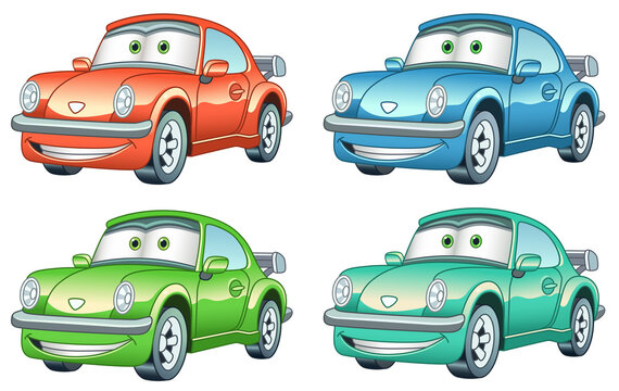 Cartoon retro old cars set. Colorful clipart characters. Childish designs for t shirt print, icon, logo, label, patch or sticker. Vector illustration.
