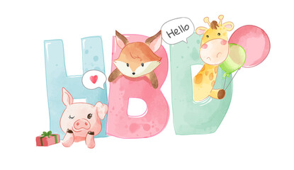 Obraz na płótnie Canvas Colorful Happy Birth Day with Cute Animals Illustration