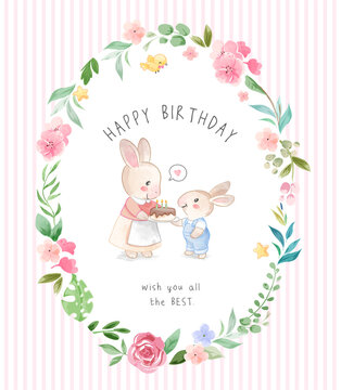 Cute Rabbit mother and son in Circle Flowers Frame Illustration