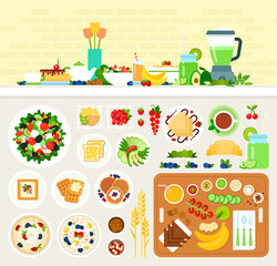 Vegetarian healthy breakfast vector illustration in flat design.