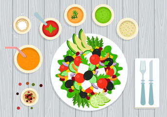 Vegetarian useful food vector illustration on wooden groundwork in flat design.