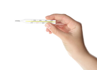 Woman holding mercury thermometer on white background, closeup