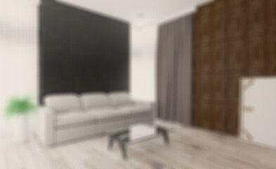 Unfocused, Blur phototography. living room. white leather sofa. big windows. walls made of wood panels.. 3D rendering