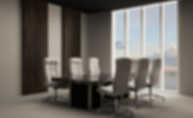 Unfocused, Blur phototography. meeting room with a large window and wood paneling on the walls. Large table and office chairs.. 3D rendering.