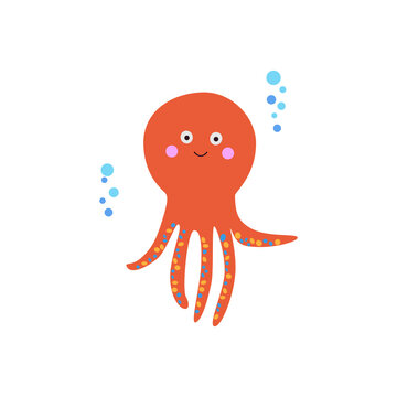 Cute red octopus isolated on white background. Vector illustration in flat cartoon style of kawaii orange cuttlefish