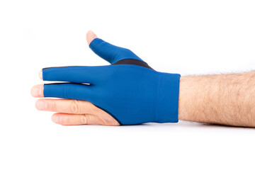 billiard gloves, pool glove, male hand worn, white background