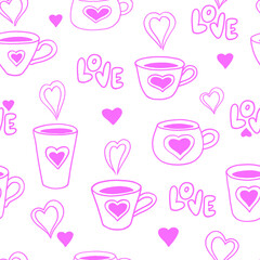 Coffee cups with hearts. Hand drawing doodle. Outline. Letering love. Valentine's Day seamless pattern. Stock vector illustration.