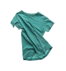 Rumpled blue t-shirt isolated on white. Messy clothes
