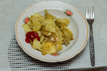 fried potatoes with onions, garlic, bacon, seasonings, ketchup and parmesan in a plate. delicious dinner. Cook at home. cooking by yourself