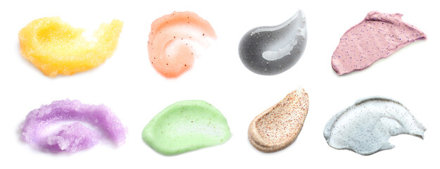 Set with different samples of natural scrubs on white background, top view. Banner design