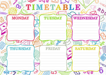 Template of a school schedule for 6 days of the week for students. Vector illustration in colored doodle styles. Includes hand-drawn elements on a school theme.
