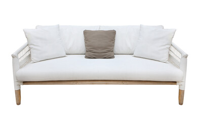 white wicker sofa isolated on white background. Details of modern boho, bohemian , scandinavian and minimal style . eco design interior