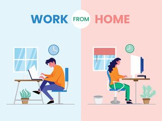 office employees working at home due to preventing COVID, work from home in quarantine vector illustration