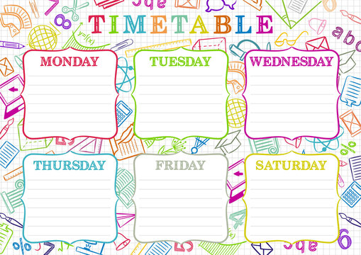 Template of a school schedule for 6 days of the week for students. Vector illustration in colored doodle styles. Includes hand-drawn elements on a school theme.
