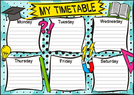 Bright template of a school schedule for 6 days of the week for students. Blank for a list of school subjects. Vector illustration in popart styles.