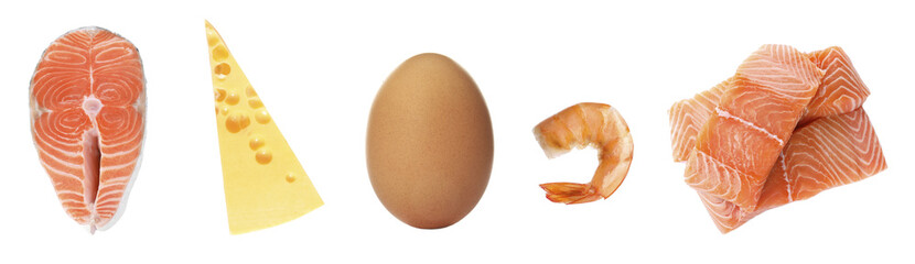 Set with food rich in protein on white background. Banner design