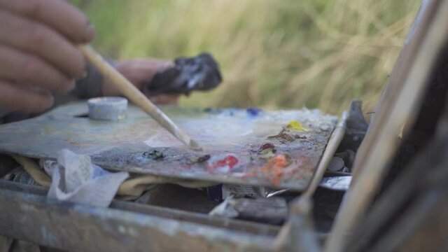 The artist mixes oily paints in a palette, paints a picture in nature
