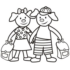 two pigs and schoolbag, coloring book, vector illustration