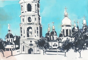 Kiev city ​​ with churches and a park on a background in the style of a hand-drawn line sketch with a blue sky. Kiev. Ukraine. Kiev Monastery of the Caves.