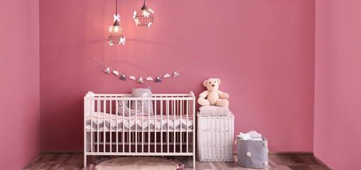 Baby room interior with comfortable crib. Banner design