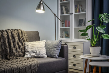 Grey couch with cushions, knitted plaid  and  floor lamp