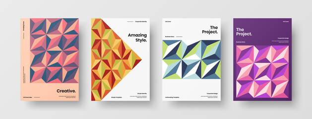 Fototapeta premium Company identity brochure template collection. Business presentation vector A4 vertical orientation front page mock up set. Corporate report cover abstract geometric illustration design layout bundle.