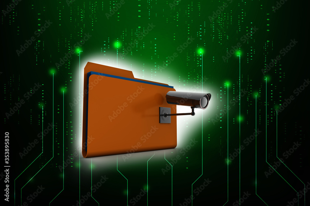 Poster 3d rendering surveillance cctv security camera with folder