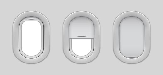 Airplane window isolated mockup. Open and closed airplane windows from inside view. Porthole interior in cabin of airplane. Three realistic fuselage for travel of passenger in plane. vector.