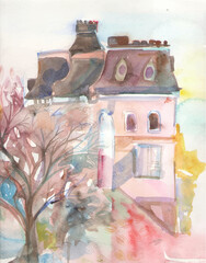 watercolor drawing pink house with autumn tree. cityscape big city, watercolor painting. Kiev Ukraine