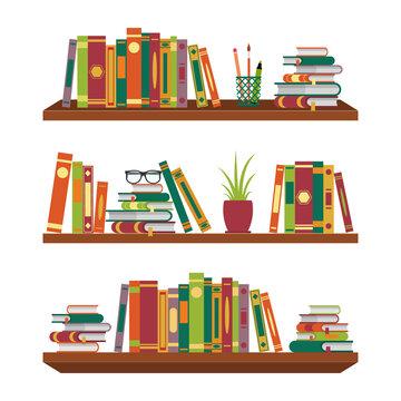 Flat book on bookshelves. Pile books on shelf with stationery and glasses for school room. Stack dictionary for education. Office folders on shelves. Bookshelf for classroom or bookstore. vector.