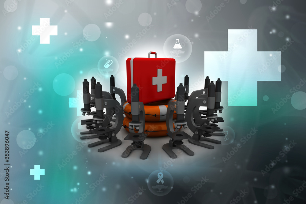 Poster 3d rendering microscope with first aid box