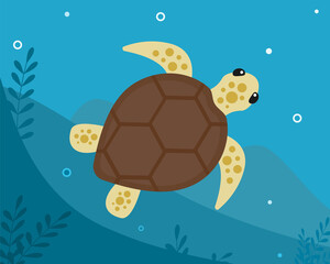 A tropical sea turtle swims under the ocean near the bottom with algae. Vector flat illustration of sea turtle. Symbol of ecosystem, clean ecology.