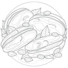 Fototapeta premium Almond and Mint Cookies.Sweets.Coloring book antistress for children and adults. Illustration isolated on white background.Zen-tangle style.