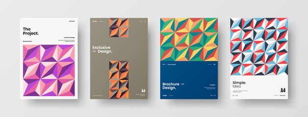 Fototapeta premium Company identity brochure template collection. Business presentation vector A4 vertical orientation front page mock up set. Corporate report cover abstract geometric illustration design layout bundle.