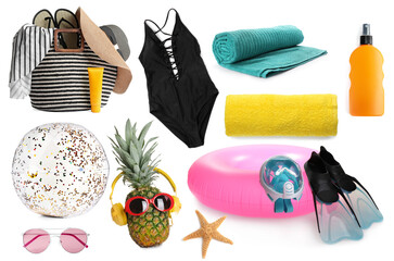 Set of different stylish beach objects on white background