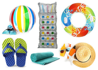 Set of different stylish beach objects on white background