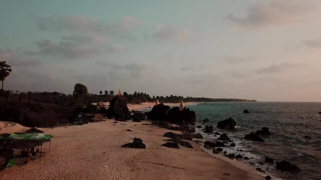 Flying Above Dawei Beach, Myanmar. Drone Aerial View of Pristine Wild Beachfront in Twilight