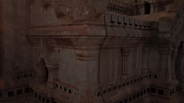 White Buddhist Temple, Bagan City, Myanmar. Ascending Close Up Drone Aerial View