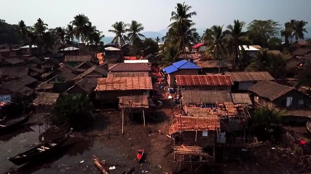 Drone Aerial View of Fishing Village in Back of Godfather Beach, Myanmar, near Dawei City