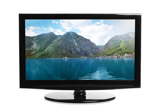 Modern plasma TV with landscape on screen against white background