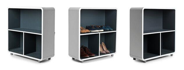Set with stylish shelving units for shoes on white background, banner design