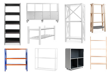 Set with empty shelving units on white background