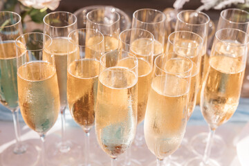 Glasses of chilled champagne stand on a table with a tablecloth for a welcome treat for guests of the event