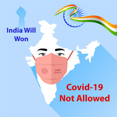 India will won against Covid-19 conceptual vector graphic. Protective mask on map from protection to ncov-2019. India against Novel Coronavirus.