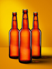 Beer bottles with long neck on yellow background mockup