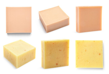 Soap bars on white background, views from different sides